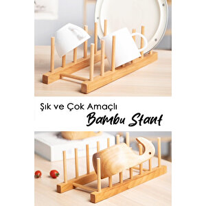 6 Bölmeli Bambu Tabak Standı - Bambu Tabaklık Bulaşıklık Mutfak Organizer Dekoratif Düzenleyici