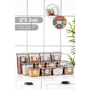 12'li Via Etiketli Dikdörtgen Saklama Kabı - Erzak Saklama Kavanoz Seti 4x(1,3 Lt-2 Lt-3,2 Lt)