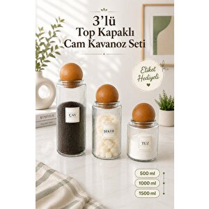 3'lü Ahşap Top Kapaklı Çay Şeker Kahve Tuz Kavanozu Cam 3 Boy Şeffaf