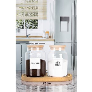 2'li Ahşap Vakumlu Kapaklı Ahşap Altlıklı Nescafe Süt Tozu Kavanozu Cam 1000 Ml Şeffaf