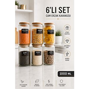6'lı Ahşap Vakumlu Kapaklı Cam Erzak Kavanozu Saklama Kabı Şeffaf