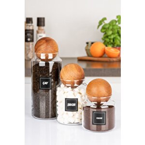 3'lü Ahşap Top Kapaklı Çay Şeker Ve Kahve Kavanozu Saklama Kabı Cam 600-900-1400 Ml Şeffaf