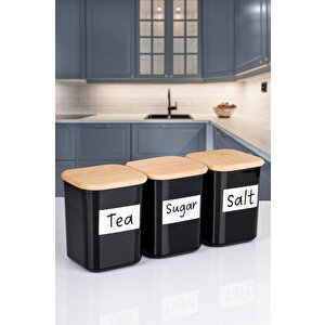 3'lü Ahşap Vakumlu Kapaklı Kare Akrilik Tea Sugar Salt Erzak Saklama Kabı 900 Ml Siyah