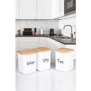 3'lü Ahşap Vakumlu Kapaklı Kare Akrilik Çay Şeker Tuz Erzak Saklama Kabı 900 Ml Şeffaf