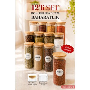 12 Adet Bambu Kapaklı Vakumlu Baharatlık Seti, Baharat Saklama Kavanozu Şeffaf
