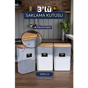 3 Lü Ahşap Vakumlu Kapaklı Akrilik Un Tuz Şeker Saklama Kavanozu Kabı Ve Kutusu 3 Litre Etiketli Şeffaf