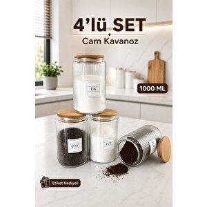 4'lü Ahşap Vakumlu Kapaklı Çay Şeker Kahve Tuz Kavanozu Cam 1000 Ml Şeffaf