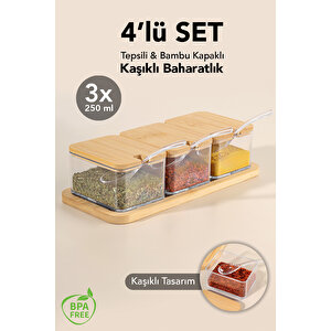 3'lü Kaşıklı Bambu Kapaklı Baharatlık - Tepsili Baharat Saklama Kabı Baharat Takımı 250 Ml