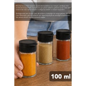 6'lı Baharatlık Set - Mutfak Düzenleyici Siyah Kendinden Kapaklı Modern Cam Baharatlık 100ml