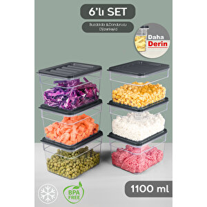 6'lı Derin Buzdolabı Organizer Set Düzenleyici Saklama Kabı Mikrodalga Difriz Kabı 1100ml Antrasit