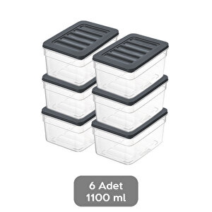 6'lı Derin Buzdolabı Organizer Set Düzenleyici Saklama Kabı Mikrodalga Difriz Kabı 1100ml Antrasit