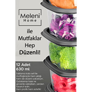 12 Adet Kare Erzak Gıda Saklama Kabı - Buzdolabı Düzenleyici Mikrodalga Difriz Kabı 630ml Antrasit