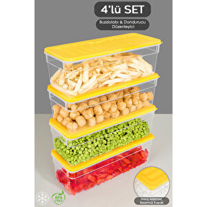4'lü Derin Buzdolabı Organizer Set Düzenleyici Saklama Kabı Mikrodalga Difriz Kabı 2470ml Sarı