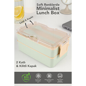 2 Katlı Kilitli Beslenme Kabı - Kendinden Çatal Kaşıklı Lunch Box Beslenme Kutusu Saklama Kabı Yeşil