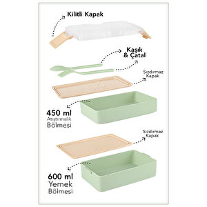 2 Katlı Kilitli Beslenme Kabı - Kendinden Çatal Kaşıklı Lunch Box Beslenme Kutusu Saklama Kabı Yeşil