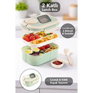 Bondie Kilitli Kapak Yemek Kabı - 2 Katlı Bölmeli Kaşık Ve Sosluklu Lunch Box Beslenme Kutusu Yeşil