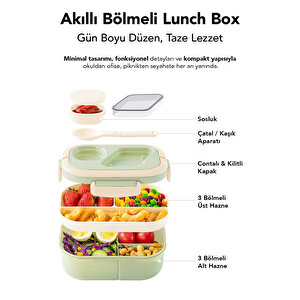 Bondie Kilitli Kapak Yemek Kabı - 2 Katlı Bölmeli Kaşık Ve Sosluklu Lunch Box Beslenme Kutusu Yeşil