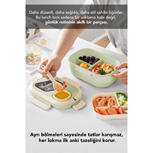 Bondie Kilitli Kapak Yemek Kabı - 2 Katlı Bölmeli Kaşık Ve Sosluklu Lunch Box Beslenme Kutusu Yeşil