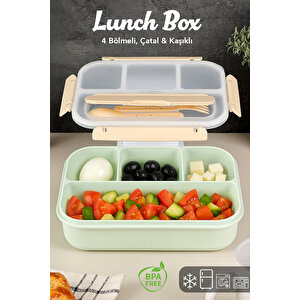 4 Bölmeli Yemek Kabı - Çatal Kaşıklı Diyet Beslenme Kutusu Lunch Box Yeşil