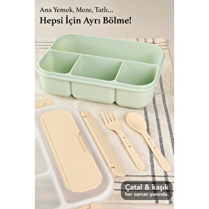 4 Bölmeli Yemek Kabı - Çatal Kaşıklı Diyet Beslenme Kutusu Lunch Box Yeşil