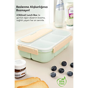 4 Bölmeli Yemek Kabı - Çatal Kaşıklı Diyet Beslenme Kutusu Lunch Box Yeşil