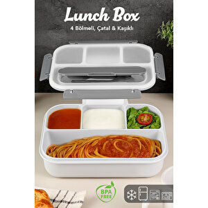 4 Bölmeli Yemek Kabı - Çatal Kaşıklı Diyet Beslenme Kutusu Lunch Box Gri