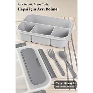 4 Bölmeli Yemek Kabı - Çatal Kaşıklı Diyet Beslenme Kutusu Lunch Box Gri