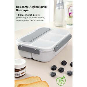 4 Bölmeli Yemek Kabı - Çatal Kaşıklı Diyet Beslenme Kutusu Lunch Box Gri