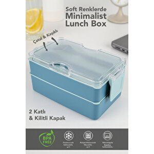 2 Katlı Kilitli Beslenme Kabı - Kendinden Çatal Kaşıklı Lunch Box Beslenme Kutusu Saklama Kabı Mavi