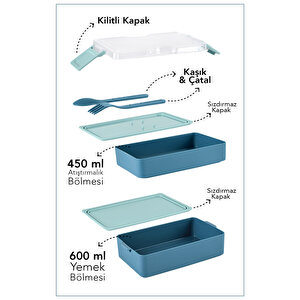 2 Katlı Kilitli Beslenme Kabı - Kendinden Çatal Kaşıklı Lunch Box Beslenme Kutusu Saklama Kabı Mavi