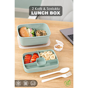 2 Katlı Bölmeli Beslenme Kabı - Yemek Taşıma Saklama Kabı Diyet Lunch Box Sosluk Kaşık Çatal Yeşil