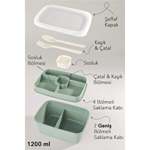 2 Katlı Bölmeli Beslenme Kabı - Yemek Taşıma Saklama Kabı Diyet Lunch Box Sosluk Kaşık Çatal Yeşil