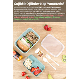 2 Katlı Bölmeli Beslenme Kabı - Yemek Taşıma Saklama Kabı Diyet Lunch Box Sosluk Kaşık Çatal Yeşil