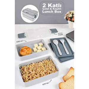 2 Katlı Kilitli Beslenme Kabı - Kendinden Çatal Kaşıklı Lunch Box Beslenme Kutusu Saklama Kabı Gri