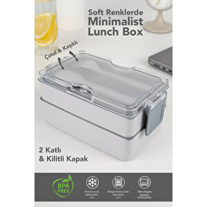 2 Katlı Kilitli Beslenme Kabı - Kendinden Çatal Kaşıklı Lunch Box Beslenme Kutusu Saklama Kabı Gri