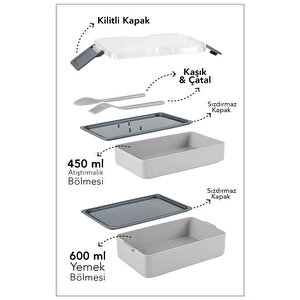 2 Katlı Kilitli Beslenme Kabı - Kendinden Çatal Kaşıklı Lunch Box Beslenme Kutusu Saklama Kabı Gri