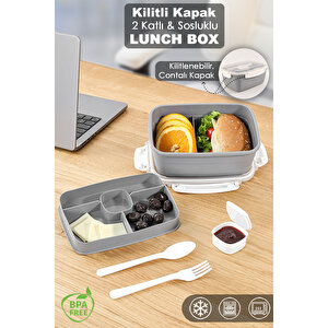2 Katlı Kilitli Kapak Yemek Kabı - Bölmeli Lunch Box Diyet Beslenme Kutusu Sosluk Çatal Kaşık Gri