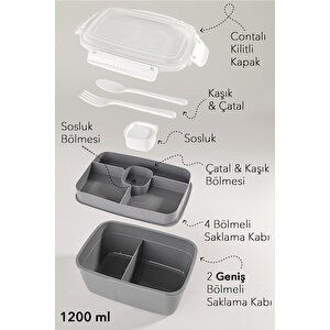2 Katlı Kilitli Kapak Yemek Kabı - Bölmeli Lunch Box Diyet Beslenme Kutusu Sosluk Çatal Kaşık Gri