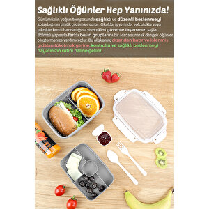 2 Katlı Kilitli Kapak Yemek Kabı - Bölmeli Lunch Box Diyet Beslenme Kutusu Sosluk Çatal Kaşık Gri