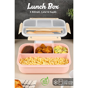 4 Bölmeli Yemek Kabı - Çatal Kaşıklı Diyet Beslenme Kutusu Lunch Box Pembe
