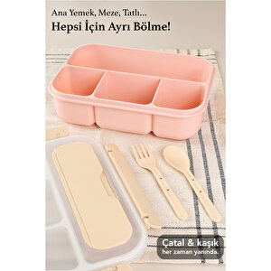 4 Bölmeli Yemek Kabı - Çatal Kaşıklı Diyet Beslenme Kutusu Lunch Box Pembe