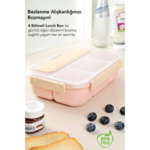 4 Bölmeli Yemek Kabı - Çatal Kaşıklı Diyet Beslenme Kutusu Lunch Box Pembe