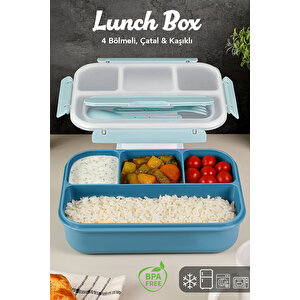4 Bölmeli Yemek Kabı - Çatal Kaşıklı Diyet Beslenme Kutusu Lunch Box Mavi