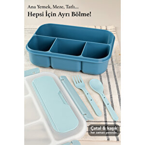 4 Bölmeli Yemek Kabı - Çatal Kaşıklı Diyet Beslenme Kutusu Lunch Box Mavi