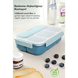 4 Bölmeli Yemek Kabı - Çatal Kaşıklı Diyet Beslenme Kutusu Lunch Box Mavi