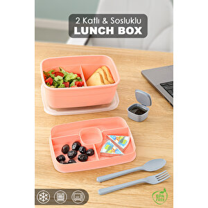 2 Katlı Bölmeli Beslenme Kabı - Yemek Taşıma Saklama Kabı Diyet Lunch Box Sosluk Kaşık Çatal Pembe