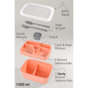 2 Katlı Bölmeli Beslenme Kabı - Yemek Taşıma Saklama Kabı Diyet Lunch Box Sosluk Kaşık Çatal Pembe