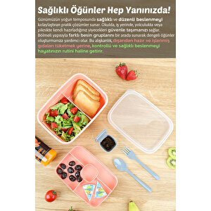 2 Katlı Bölmeli Beslenme Kabı - Yemek Taşıma Saklama Kabı Diyet Lunch Box Sosluk Kaşık Çatal Pembe