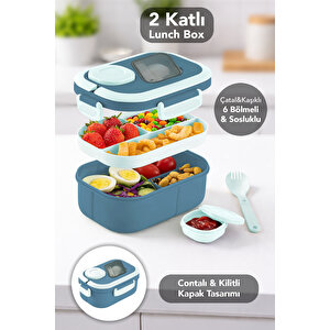 Bondie Kilitli Kapak Yemek Kabı - 2 Katlı Bölmeli Kaşık Ve Sosluklu Lunch Box Beslenme Kutusu Mavi