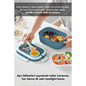 Bondie Kilitli Kapak Yemek Kabı - 2 Katlı Bölmeli Kaşık Ve Sosluklu Lunch Box Beslenme Kutusu Mavi